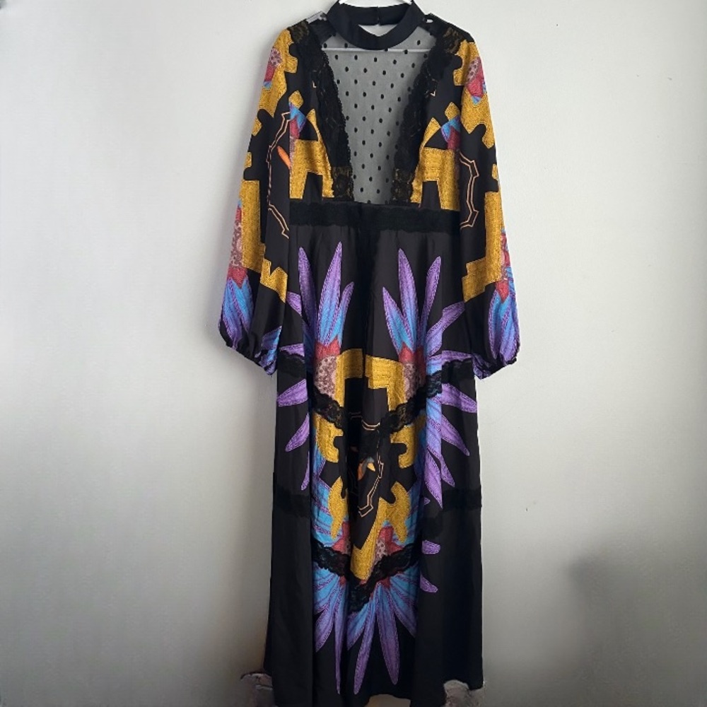 ISELACOS x SHEIN floral maxi mock neck cut out dress mesh deep v neck 2x 2xl 20 - Picture 4 of 13